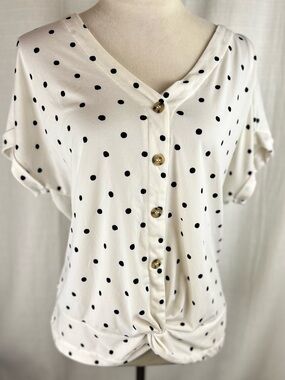 Flower & Feather Polka Dot Button Front Twist Knot Blouse White Black XL